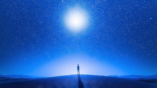   A person stands alone in a desert beneath a brilliant blue sky, gazing up at a luminous star in the center