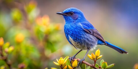 A Vibrant Blue Bird Perched on a Branch with Yellow Buds, Close-up Shot, Blurred Background, Bird Photography, Nature, Wildlife, Birdwatching