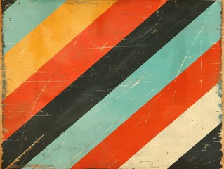 Naklejka premium Diagonal stripes in vibrant red, yellow, black and blue create a dynamic, retro-inspired abstract design full of energy and colour.