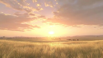   A group of cows grazing on a parched pasture beneath an overcast sky and with the sun peeking through