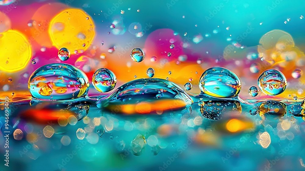 Poster a cluster of water droplets hovering on a blue-yellow gradient with illuminated background
