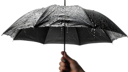 Hand holding a black umbrella isolated on transparent background