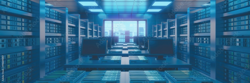 Poster 3d rendering of data rooms designed for data storage, document exchange, and file sharing functional