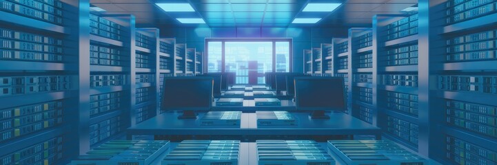 Fototapeta premium 3D rendering of data rooms designed for data storage, document exchange, and file sharing functionalities.