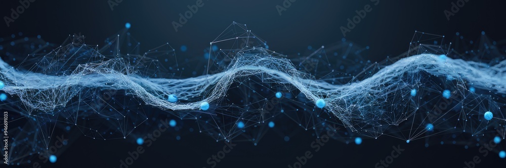 Poster abstract blue technology wave featuring interconnected dots and lines. visualization of particle flo