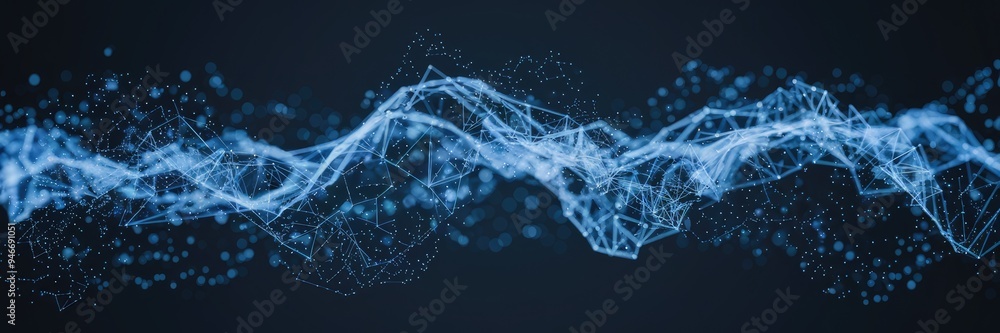 Poster abstract blue technology wave featuring interconnected dots and lines. visualization of particle flo