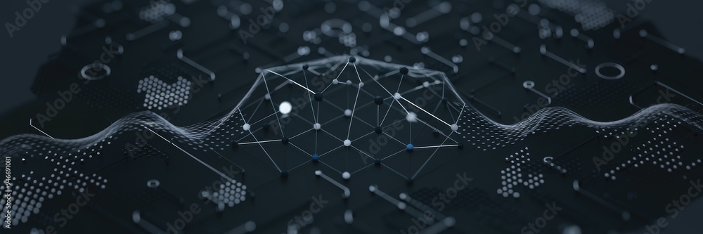 Poster abstract digital technology featuring connection dots and lines on a dark background. 3d network str