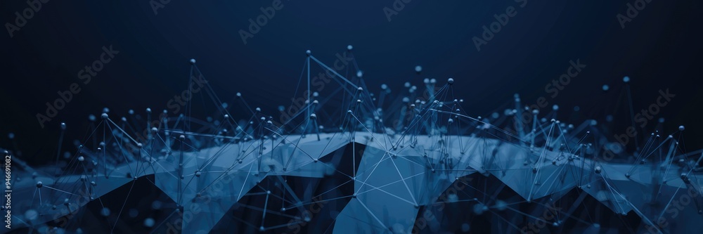 Poster abstract digital technology featuring connection dots and lines on a dark background. 3d network str
