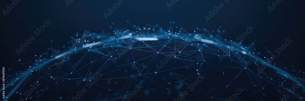 Poster abstract digital technology featuring connection dots and lines on a dark background. 3d network str