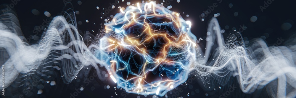 Poster abstract energy sphere composed of luminous particles and waves, featuring dynamic flickering light 
