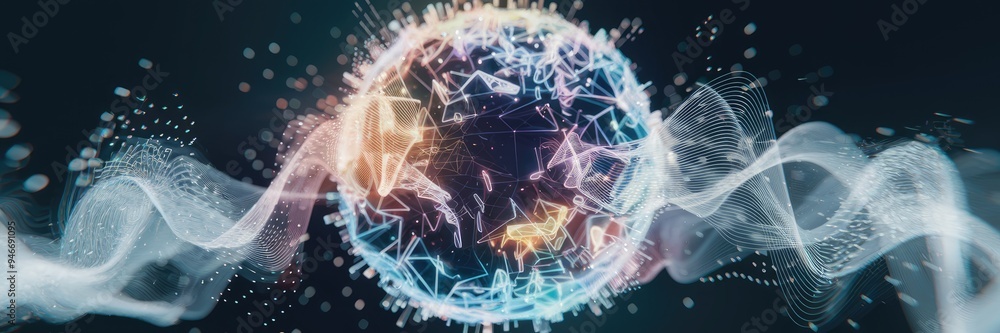 Poster abstract energy sphere composed of luminous particles and waves, featuring dynamic flickering light 