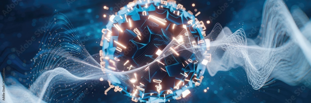 Poster abstract energy sphere composed of luminous particles and waves, featuring dynamic flickering light 