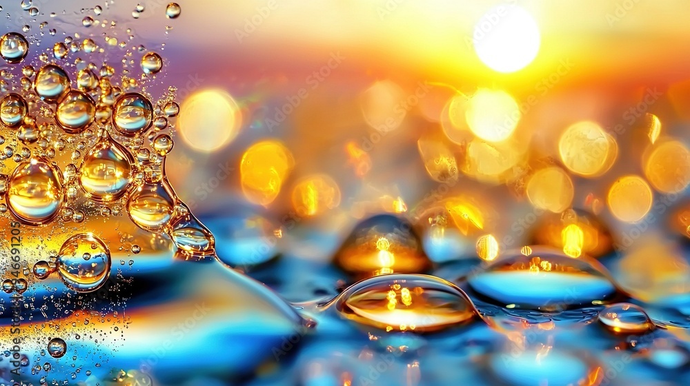 Poster a sharp focus on water droplets on a surface with a clear sunset in the backdrop, and a hazy backgro