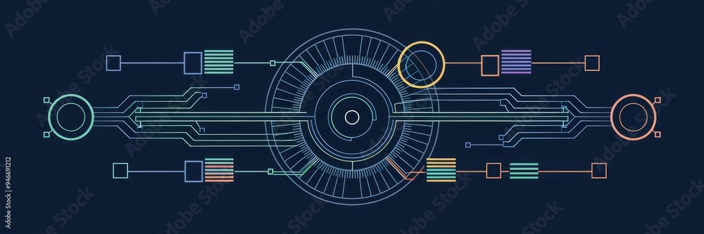 Poster Abstract representation of a digital interface scanning and processing data against a dark backdrop. Concept of global computing and data analytics in a visually striking format.