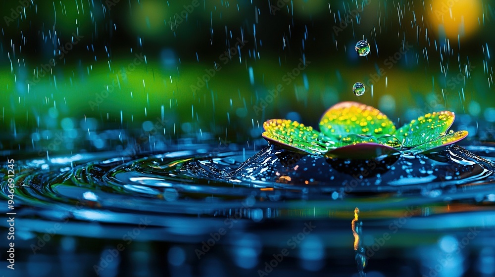 Canvas Prints  A lush green leaf floats atop shimmering water, as droplets cascade from its peak