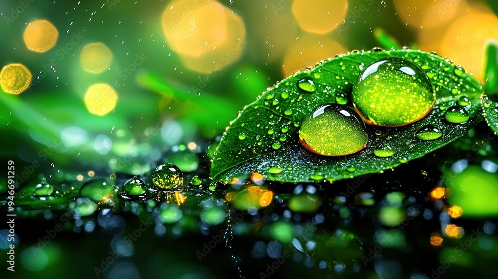 Poster a zoomed-in shot of a green leaf with water droplets and a hazy background of light sources