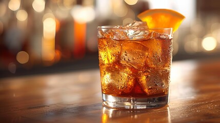 A refreshing drink with ice and orange garnish on a wooden bar during the evening at a lively venue