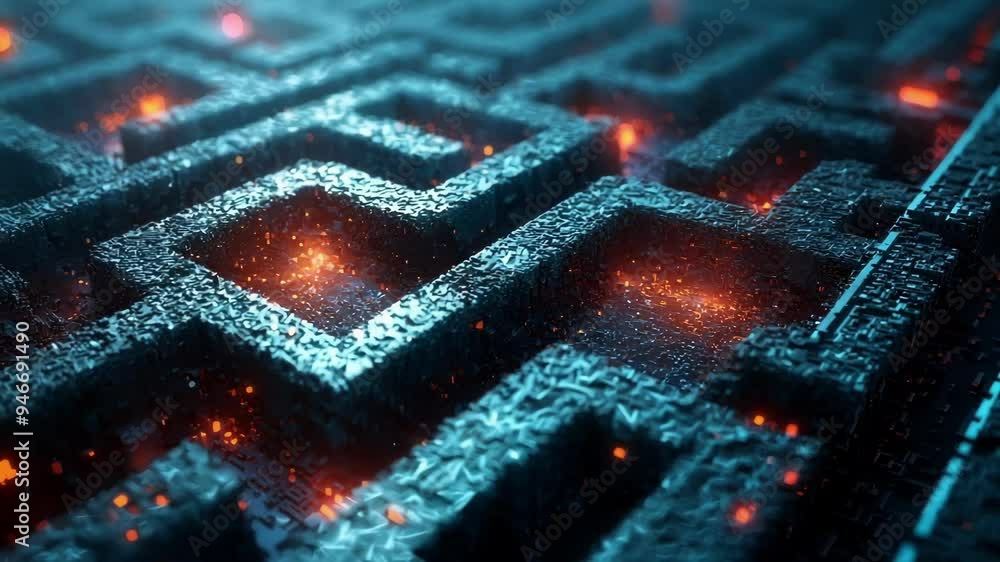 Poster abstract 3d render background with a blue and orange color palette, showing glowing sparkles in the 