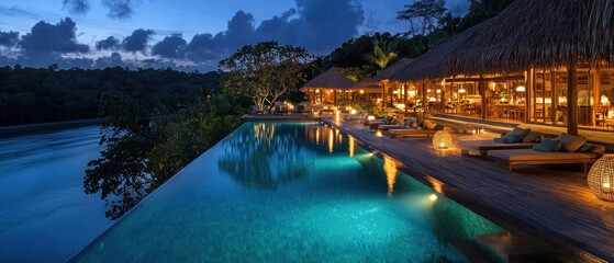 Tropical Resort with Infinity Pool Overlooking the Ocean at Dusk