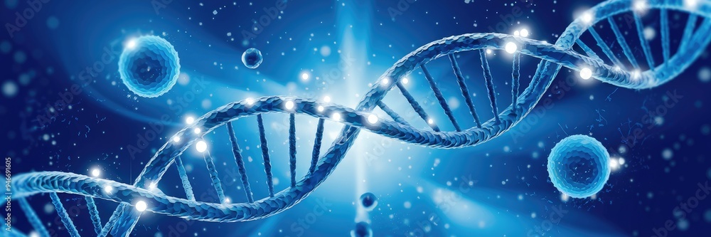 Poster dynamic blue environment featuring a dna double helix with sparkling nodes, symbolizing genomic sequ