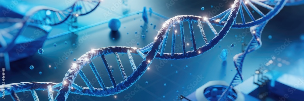 Poster dynamic blue environment featuring a dna double helix with sparkling nodes, symbolizing genomic sequ