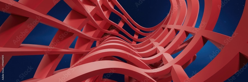 Poster dynamic red grid pattern of curves conveying depth and motion.