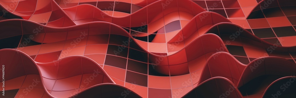 Poster dynamic red grid pattern of curves conveying depth and motion.
