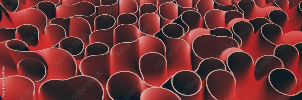 Poster dynamic red grid pattern of curves conveying depth and motion.