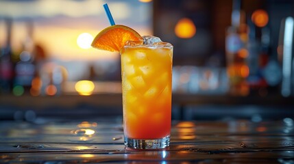 A refreshing tropical drink with ice and a slice of orange at sunset on a beachside bar