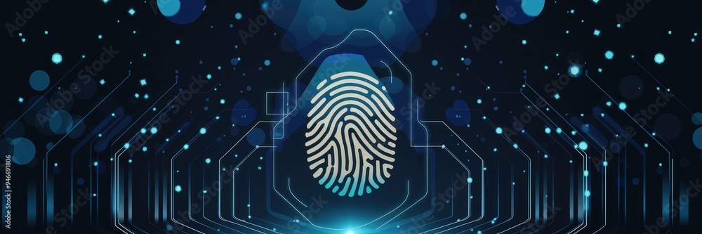 Poster futuristic biometric verification background with glowing particles and fingerprint design