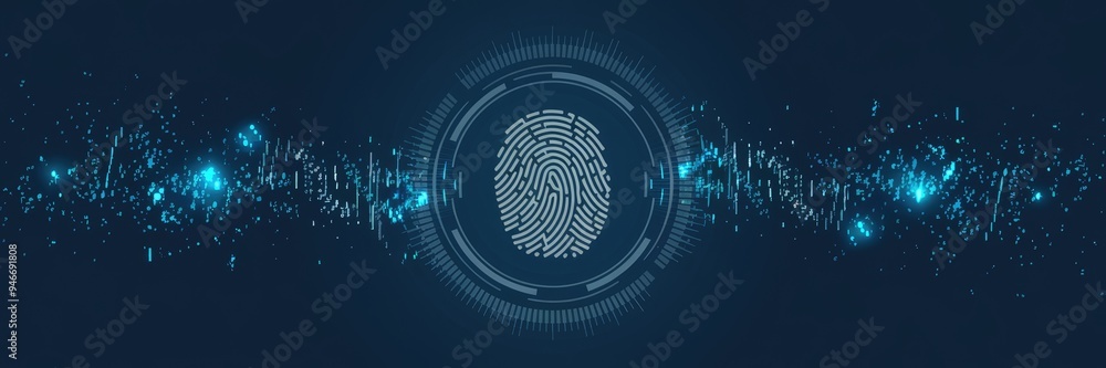 Poster futuristic biometric verification background with glowing particles and fingerprint design