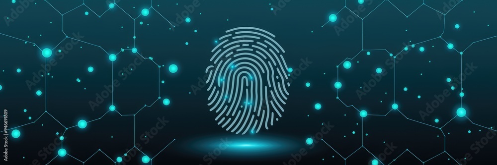 Poster futuristic biometric verification background with glowing particles and fingerprint design