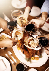 Hands, turkey and cheers with wine, festive or meat for reunion of family, thanksgiving or celebration. Chicken, glass and alcohol for toast, holiday or gathering of people, Christmas or food in home