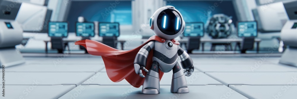 Poster heroic robot assistant with a flowing red cape, symbolizing advanced artificial intelligence and tec