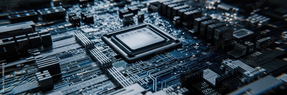Poster intricate close-up of a computer motherboard highlighting the detailed network of circuits and conne