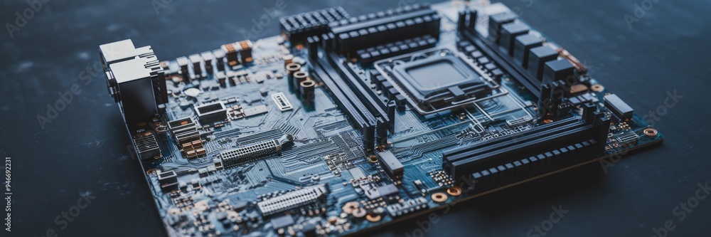 Poster intricate close-up of a computer motherboard highlighting the detailed network of circuits and conne