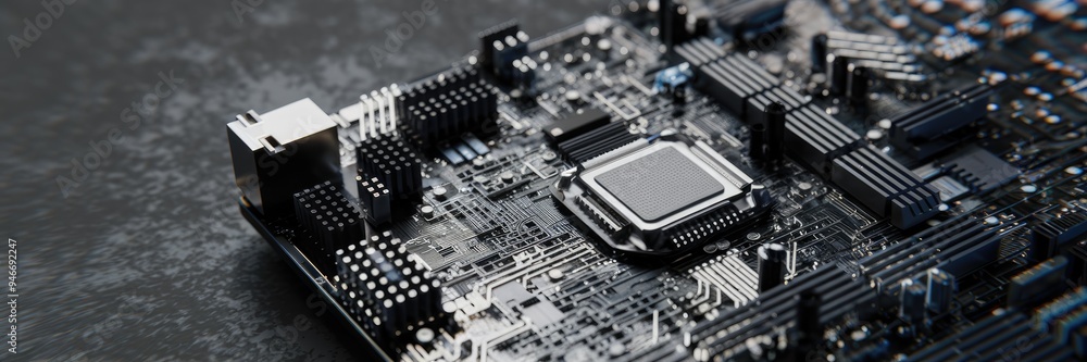 Poster intricate close-up of a computer motherboard highlighting the detailed network of circuits and conne