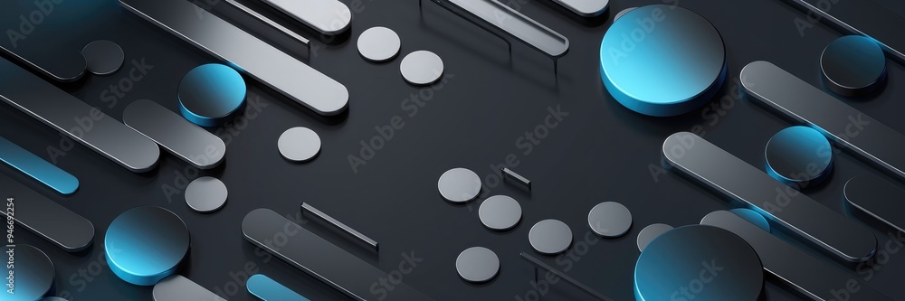Poster metallic gradient bars and circles in gray and blue on a dark backdrop.