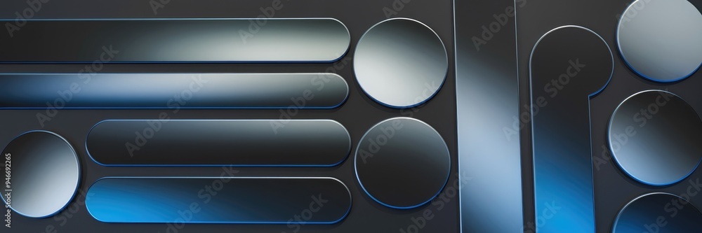 Poster metallic gradient bars and circles in gray and blue on a dark backdrop.