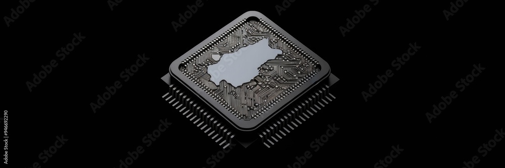 Poster microchip with central processing unit depicting a country's outline, showcasing a technological the