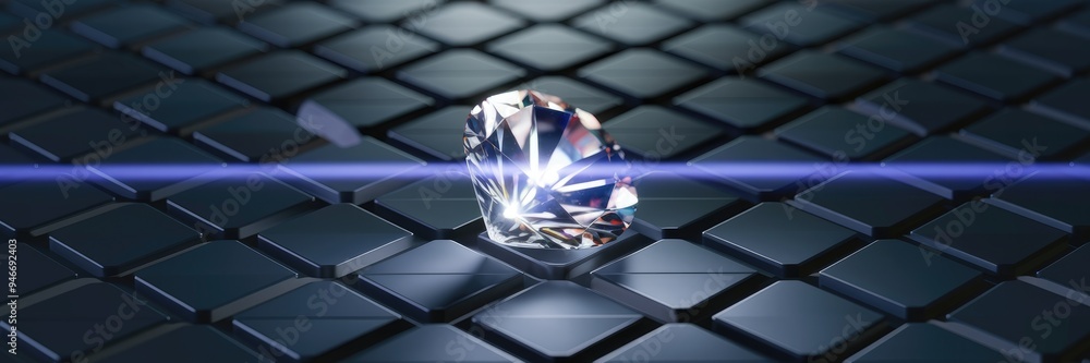 Poster Radiant pulsating crystal diamond on a dark backdrop with a shimmering geometric pattern.