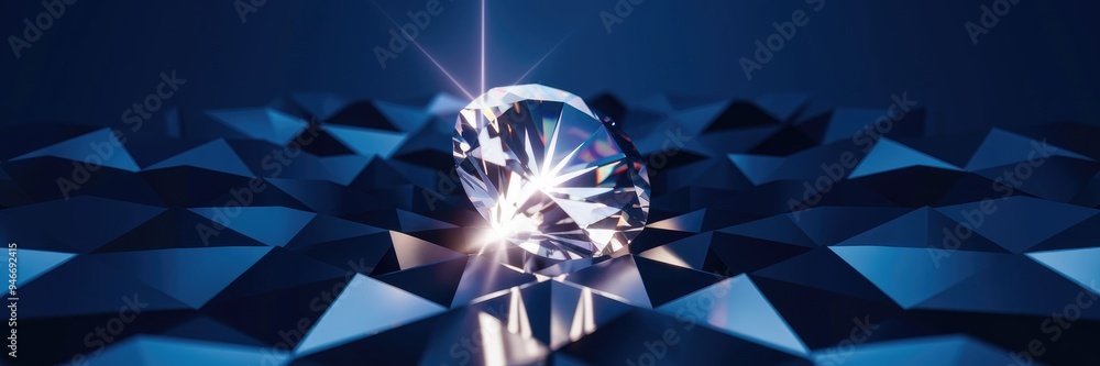 Poster radiant pulsating crystal diamond on a dark backdrop with a shimmering geometric pattern.