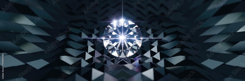Poster radiant pulsating crystal diamond on a dark backdrop with a shimmering geometric pattern.