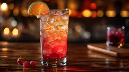 Colorful cocktail with ice and fruit garnish served at a bar during an evening gathering, highlighting its refreshing appeal