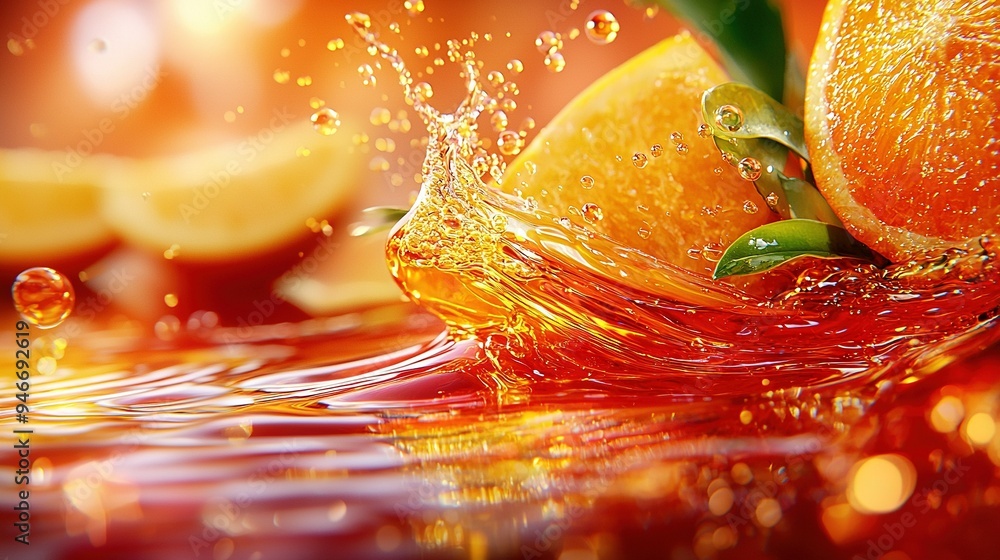 Poster a close-up of an orange with water splashing from it onto a red surface, surrounded by other oranges
