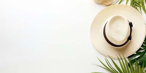 Top view decorative background mock up with wooden hat and tropical exotic palm tree leaves scene