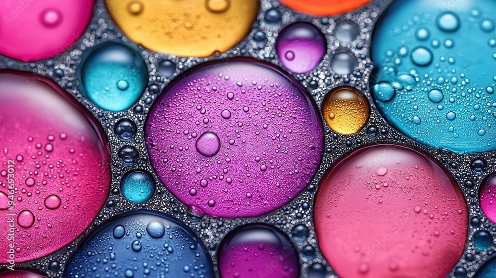 Poster a macro of numerous water droplets on the surface of a container filled with various-colored air bub