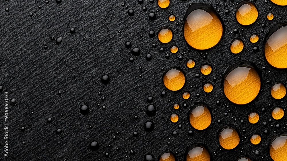 Wall mural   A cluster of yellow-black water droplets on a dark background with tiny water drops scattered throughout the surface