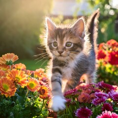 A kitten frolicking in a flower bed