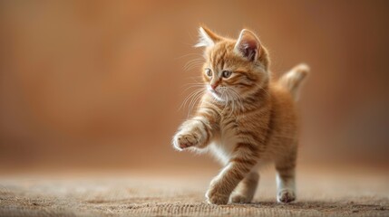 Cute orange tabby kitten playfully exploring a warm, softly lit room in early afternoon sunlight